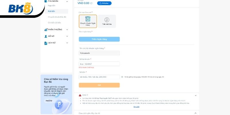 Rút tiền BK8 an toàn và ẩn danh 